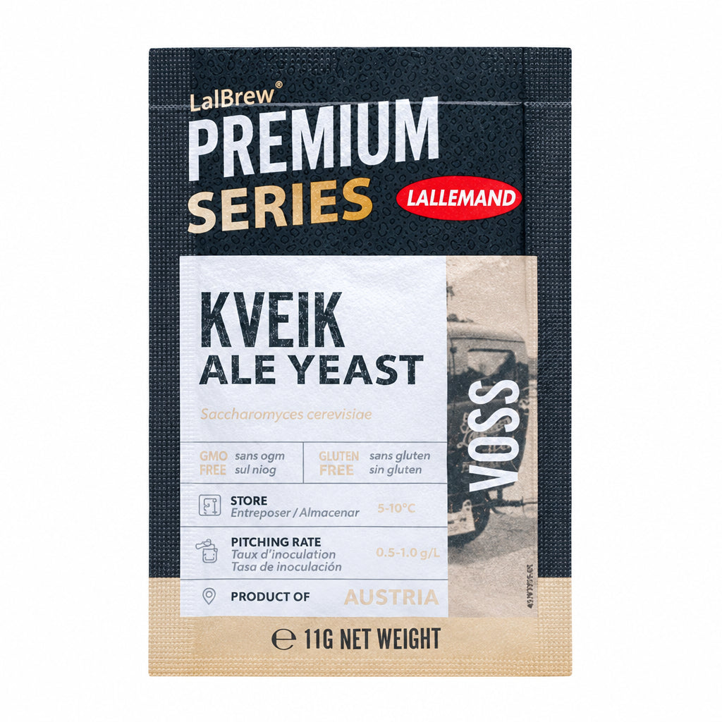 Packaging of LALLEMAND VOSS KVEIK ALE YEAST, showing the brand, product name, weight, and additional information.